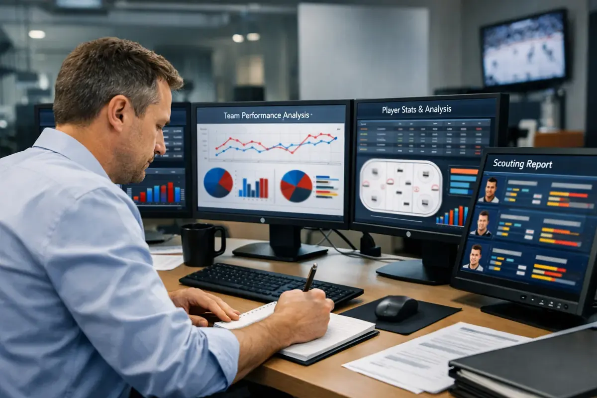 IJshockeyanalyst bekijkt teamstatistieken en prestaties op meerdere schermen