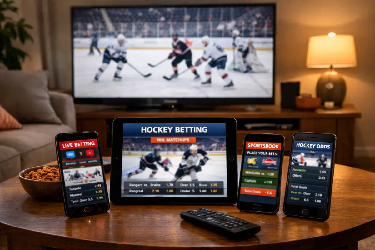 Meerdere bookmaker apps naast elkaar op een tafel met ijshockey op TV