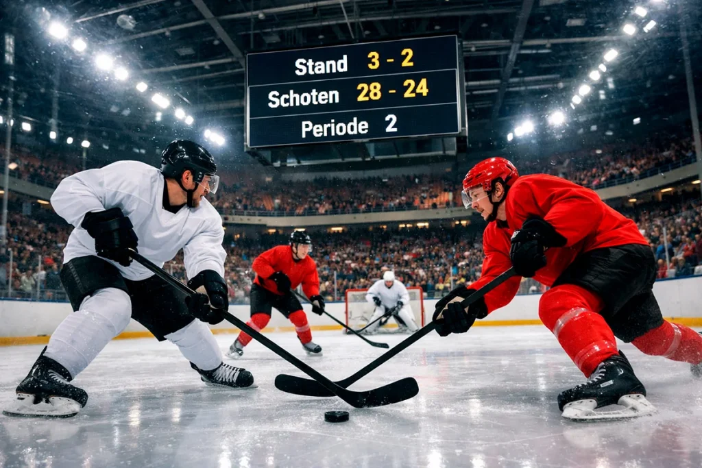 IJshockeyspeler op het ijs met statistieken op een scorebord in de arena