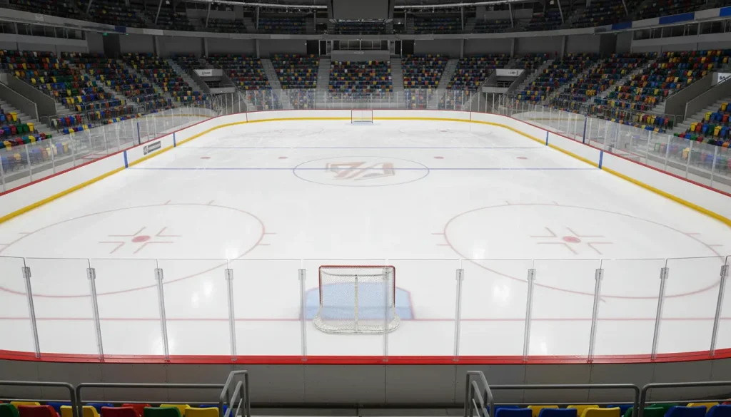 Rustige ijshockeyarena voor aanvang van een wedstrijd met leeg ijs en zachte verlichting