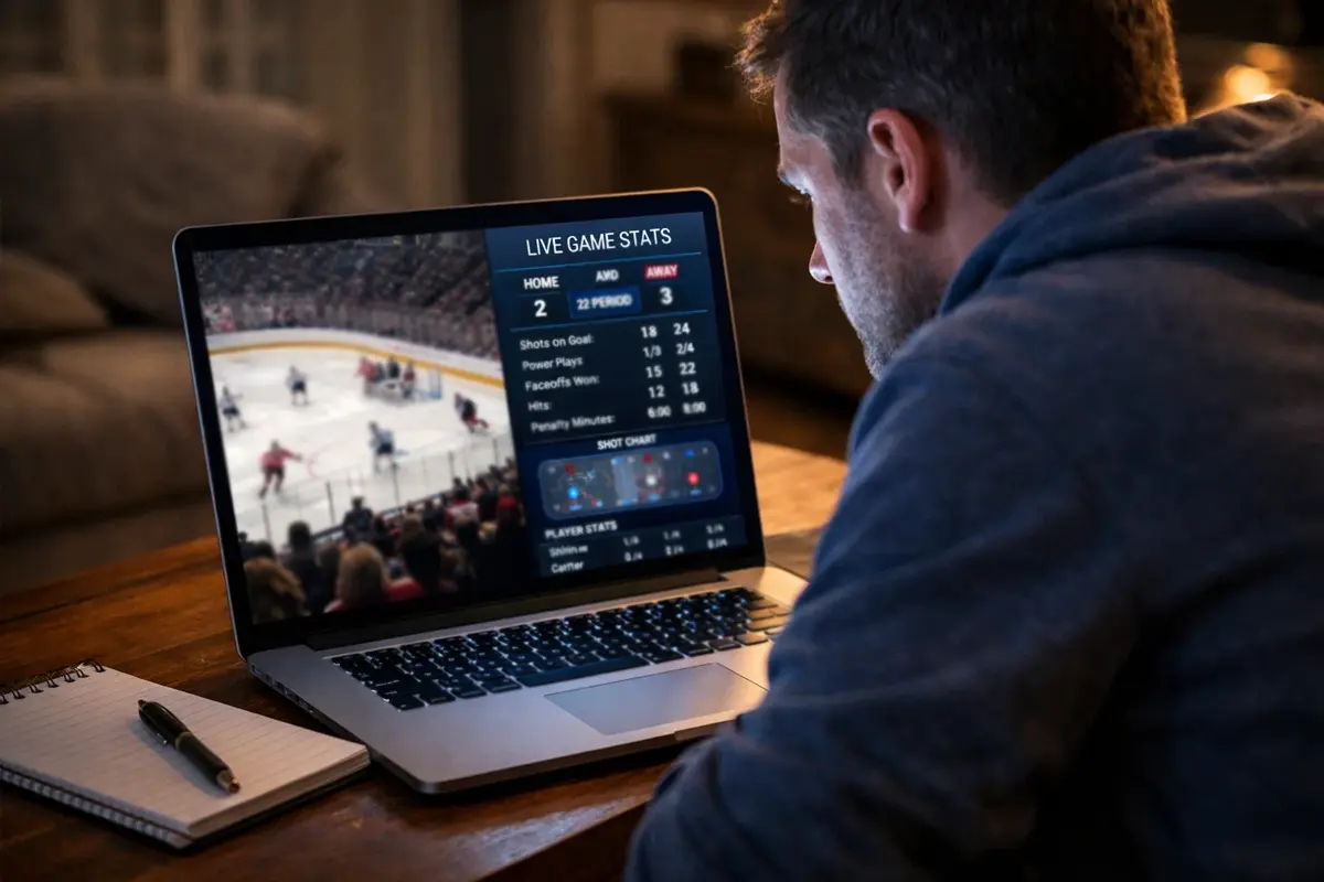 Wedder kijkt geconcentreerd naar ijshockeywedstrijd op laptop met live statistieken