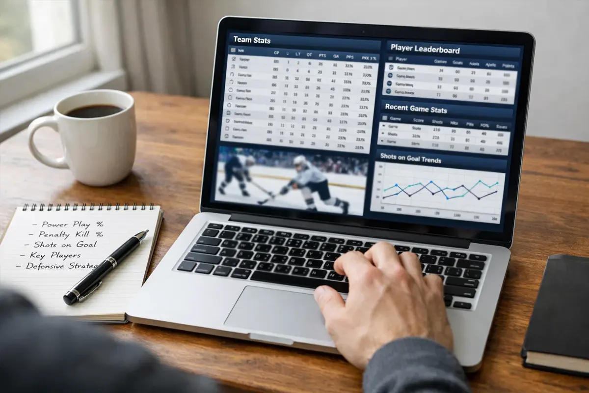 Wedder bestudeert ijshockeystatistieken op een laptop met notitieblok