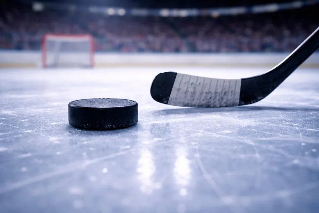 IJshockey puck en stick op het ijs van een professionele ijsbaan onder felle verlichting