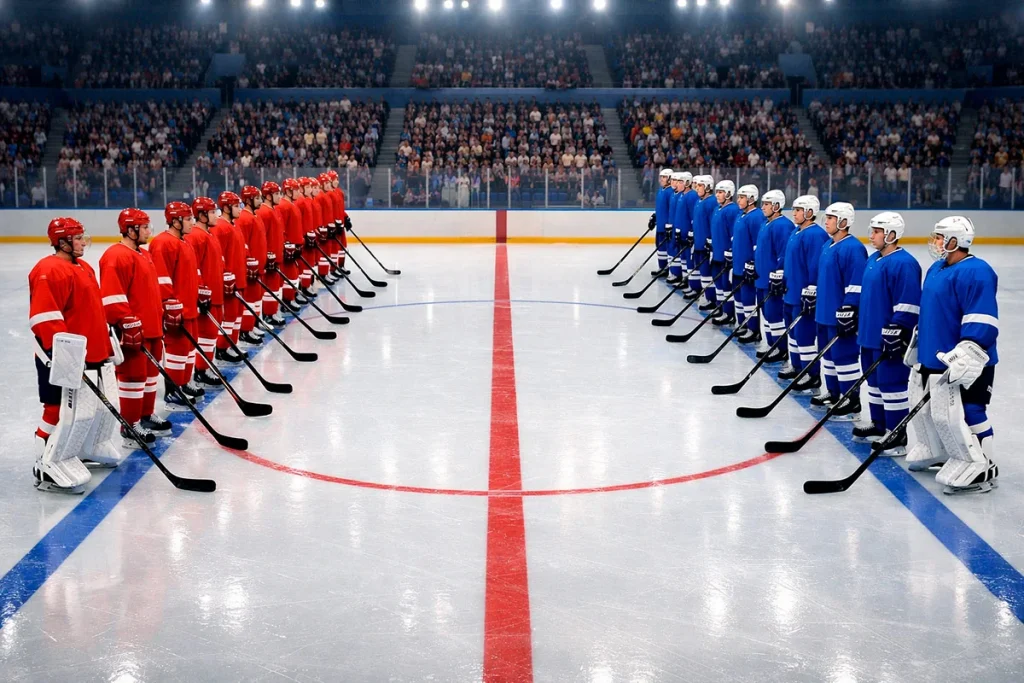 Nationale ijshockeyteams die elkaar begroeten voor een WK-wedstrijd op het ijs